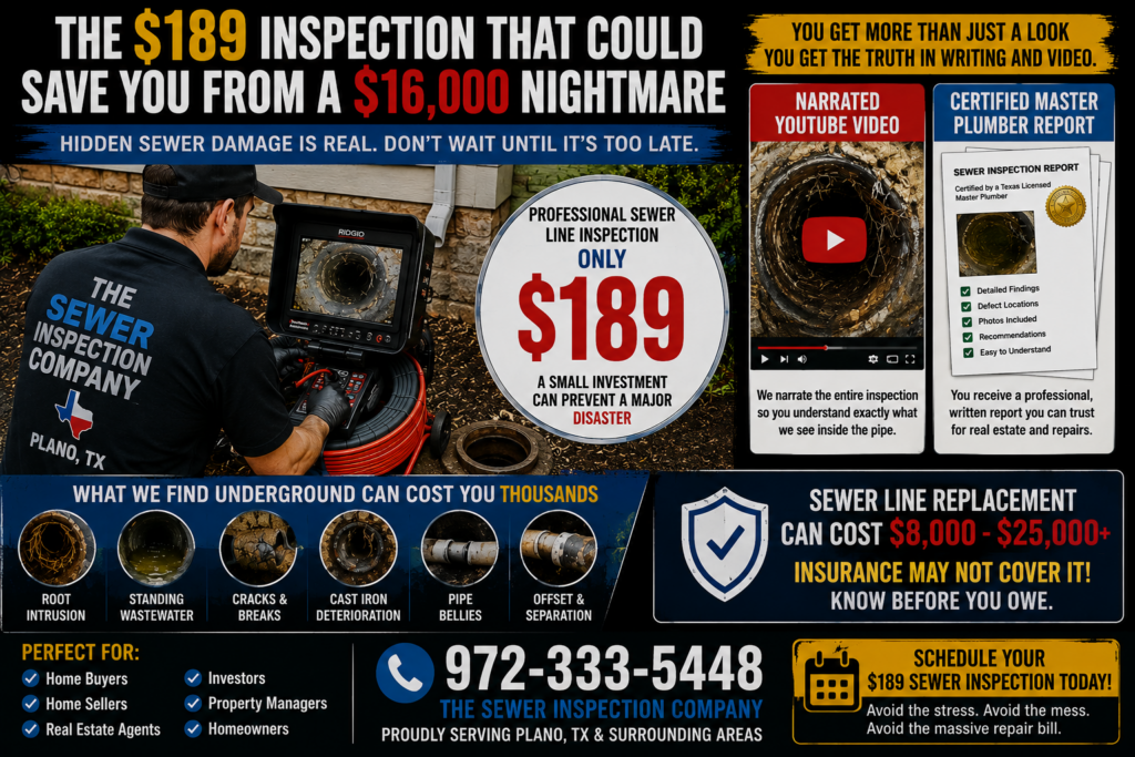 Professional sewer line inspection in Plano TX with narrated sewer camera video and Master Plumber report