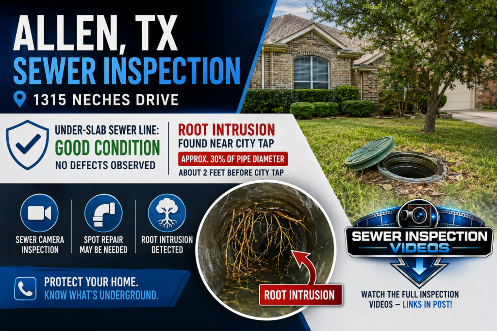 “Texas Master Plumber performing sewer camera inspection and locating root intrusion near city tap in Allen TX”