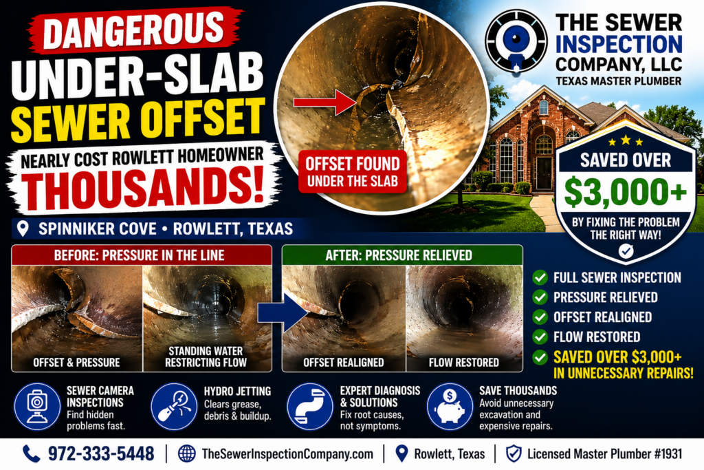 “Texas Master Plumber performing under-slab sewer inspection and sewer offset evaluation in Rowlett TX home”