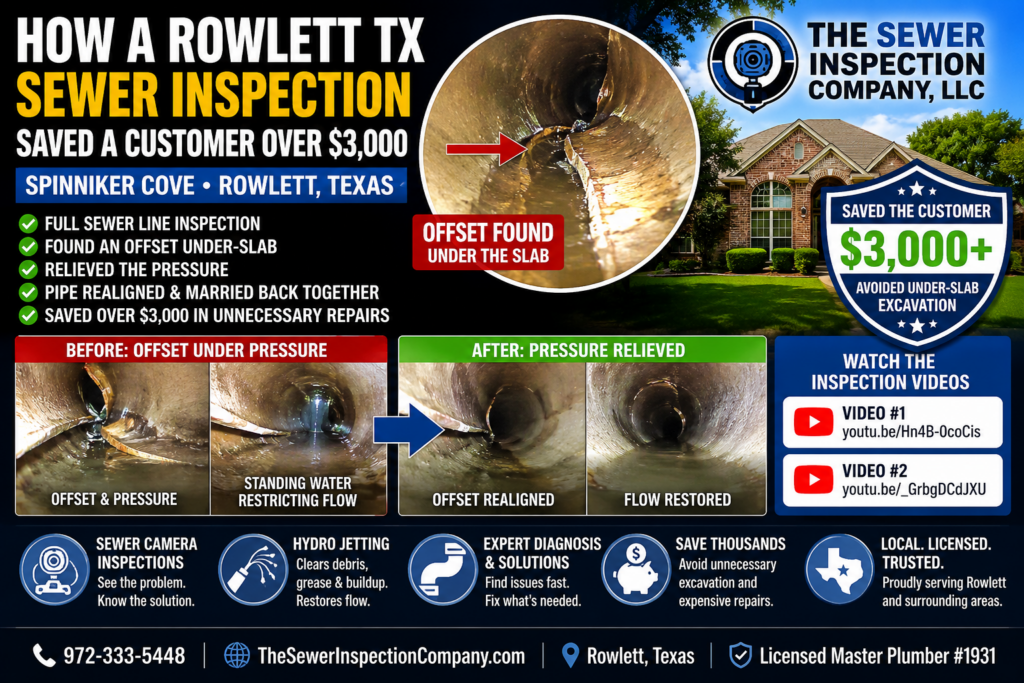 “Texas Master Plumber performing under-slab sewer inspection and offset repair evaluation in Rowlett TX home”