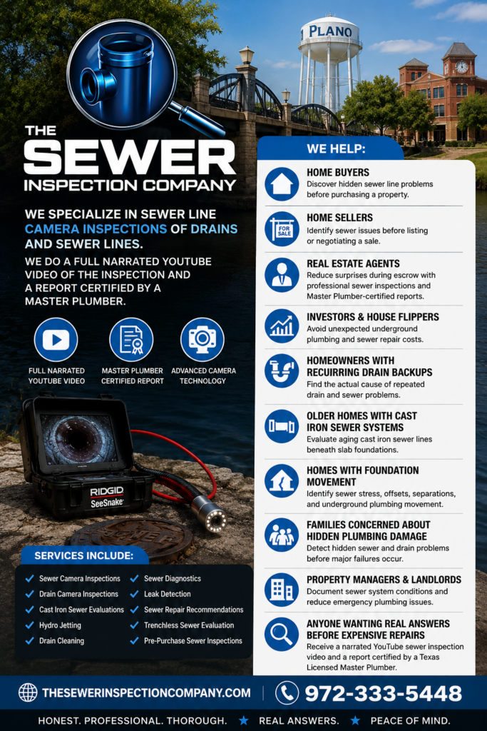 sewer line failure plano tx“Texas Master Plumber performing sewer camera inspection on underground drain line in Plano TX”