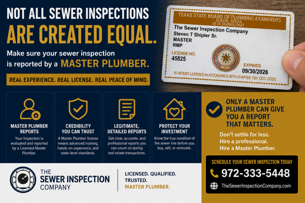 Texas Master Plumber Steven T. Shipler Sr. of The Sewer Inspection Company displaying Master Plumber License #45825 in a professional sewer inspection advertisement. The image emphasizes the importance of having a licensed Master Plumber perform and report sewer camera inspections, sewer scope inspections, and sewer line inspections for homebuyers in Dallas, Plano, Richardson, and throughout the Dallas-Fort Worth area. The graphic highlights credible reporting, professional documentation, and protecting real estate investments before purchasing a home.