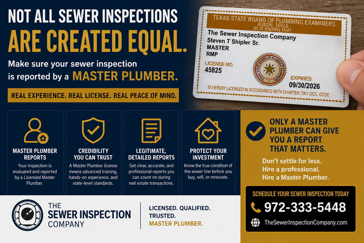 Texas Master Plumber Steven T. Shipler Sr. of The Sewer Inspection Company displaying Master Plumber License #45825 in a professional sewer inspection advertisement for Dallas, Plano, Richardson, and Dallas-Fort Worth homebuyers.