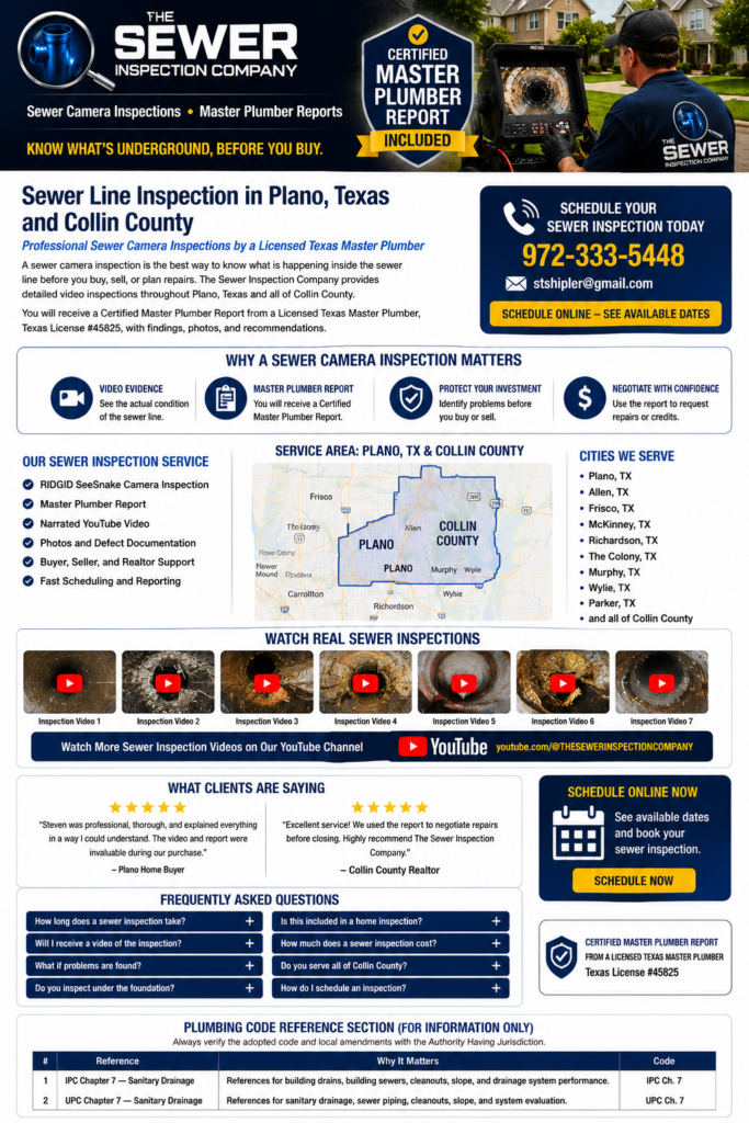 Professional sewer line inspection in Plano, Texas and Collin County by The Sewer Inspection Company featuring a licensed Texas Master Plumber, sewer camera inspection, Master Plumber Report, narrated YouTube video, and sewer inspection services for home buyers, sellers, Realtors, and property owners.