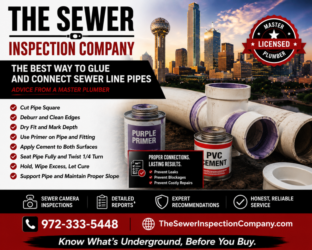The Sewer Inspection Company image about the best way to glue and connect sewer line pipes with master plumber tips, PVC primer, PVC cement, and sewer pipe connection steps