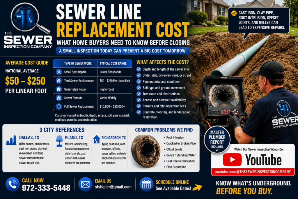 Sewer line replacement cost guide for Dallas, Plano, and Richardson TX with Master Plumber sewer camera inspection report