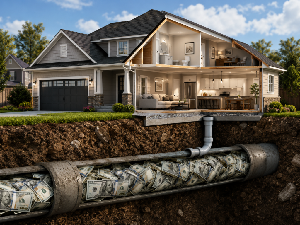 This image shows a cutaway view of a home with an underground sewer line filled with hundred dollar bills, representing the high cost of sewer line replacement under a house. It supports The Sewer Inspection Company’s blog post about how much sewer line replacement can cost under a home, especially when the pipe is below the slab, deep underground, under concrete, or affected by cast iron deterioration, sewer bellies, offsets, broken pipe, collapsed pipe, standing water, poor access, tunneling, permits, testing, and restoration requirements. The image is designed for home buyers, homeowners, real estate agents, investors, and property managers who need to understand why sewer camera inspections matter before closing or approving major sewer repairs. The Sewer Inspection Company provides sewer camera inspections, buyer sewer scopes, under-slab sewer evaluations, cast iron sewer inspections, line locating, Master Plumber review, video documentation, and drain diagnostics throughout Plano, Frisco, Allen, McKinney, Richardson, North Dallas, Carrollton, Addison, Las Colinas, Irving, Coppell, and surrounding Dallas-Fort Worth areas. Call 972-333-5448. Know What’s Underground, Before You Buy.