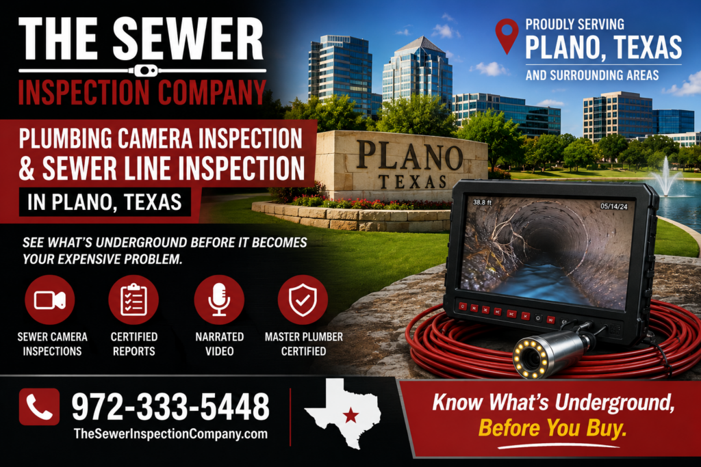 The Sewer Inspection Company image for plumbing camera inspection in Plano TX showing sewer camera inspection equipment, underground sewer line diagnostics, and sewer line inspection services