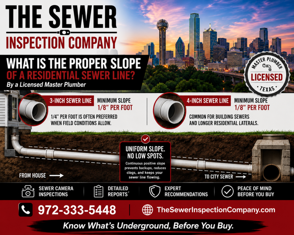 The Sewer Inspection Company image explaining proper slope for residential sewer lines, including 3-inch and 4-inch sewer pipe slope, sewer camera inspections, and underground drainage issues