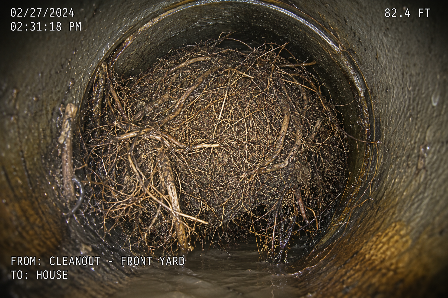 Massive tree roots inside sewer line discovered during sewer scope inspection