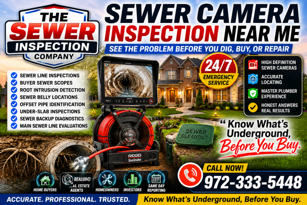 Sewer camera inspection near me with The Sewer Inspection Company for underground sewer line inspection roots bellies offsets sewer backups and buyer sewer scopes