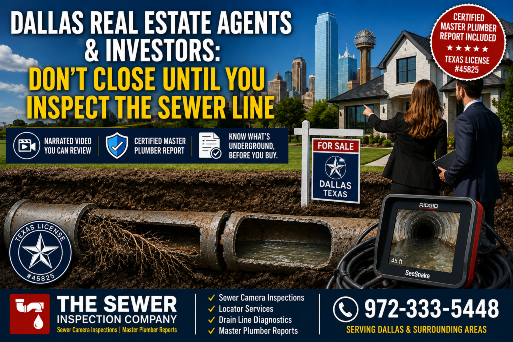 Dallas Texas real estate agents and investors viewing a home with an underground sewer line cutaway showing root intrusion, standing water and pipe defects, promoting a professional sewer camera inspection before closing.