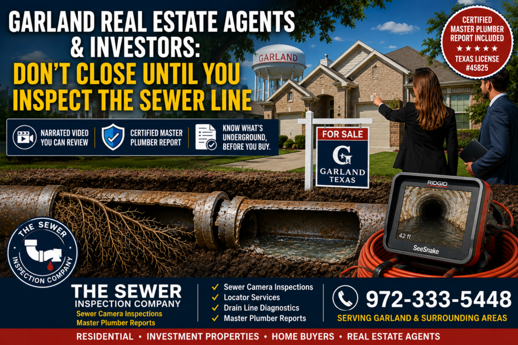 Garland Texas real estate agents and investors viewing a home for sale with an underground sewer line showing root intrusion, standing water, pipe damage, and professional sewer camera inspection equipment from The Sewer Inspection Company.
